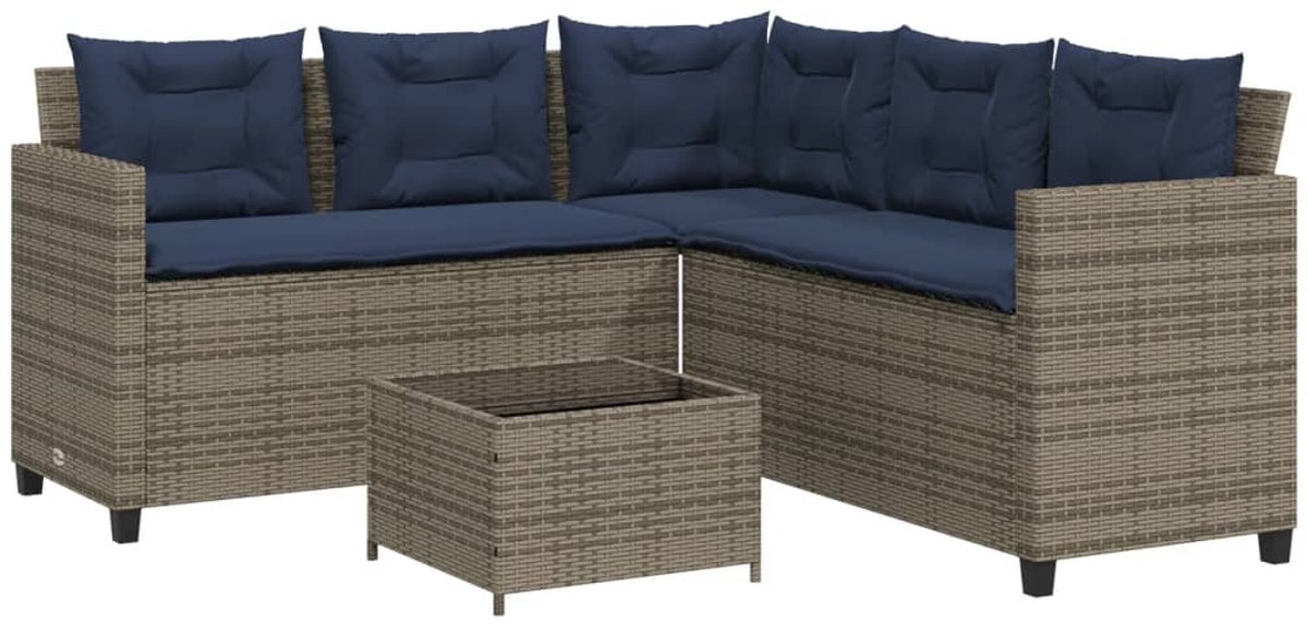 vidaXL - Tuinbank - met - tafel - en - kussens - L-vormig - grijs - poly - rattan