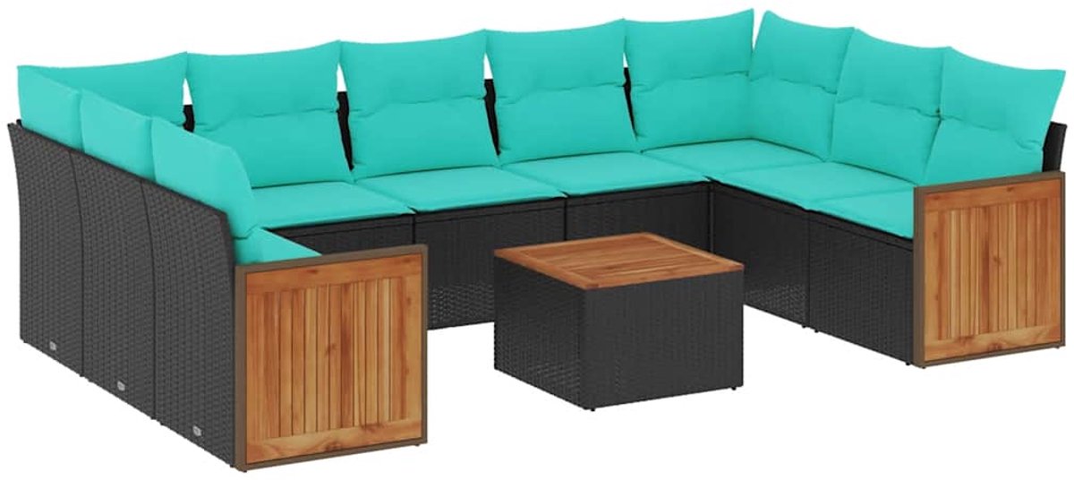 vidaXL - 10-delige - tuinbankset - met - kussens - van - zwart - polyrotan