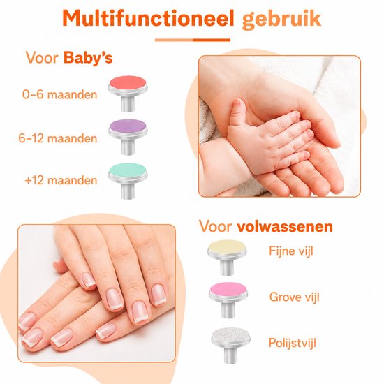 AROSOLA® Elektrische Baby Nagelvijl - Baby Manicure Set - Veilig Nageltjes Vijlen - 6 Opzetstukken - Fluisterstil - Oranje van Arosola — afbeelding 4