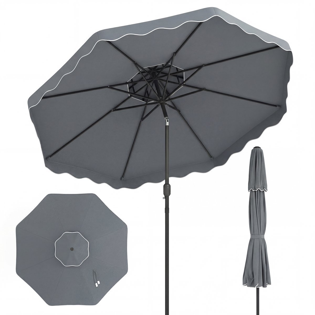 COSTWAY 300 cm parasol met dubbel doek, tuinparasol met draaihendel en volant, 30° kantelbaar aan beide zijden, terrasparasol, marktparasol voor tuin, balkon, terras (grijs) – foto 2