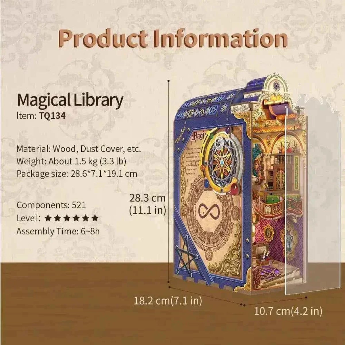 Tonecheer Magical Library Book Nook Bouwpakket - Modelbouw - 18,2 x 10,7 x 28,3 cm - DIY Pakket - Houten 3D Puzzel - Boekensteun - LED-licht - Bewegingssensor Licht - Boekenhouder — afbeelding 6