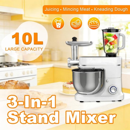Keukenrobot - Keukenmachine mixer - Bakken en koken - 3-in-1 multifunctioneel - 10L kom - Wit — afbeelding 5