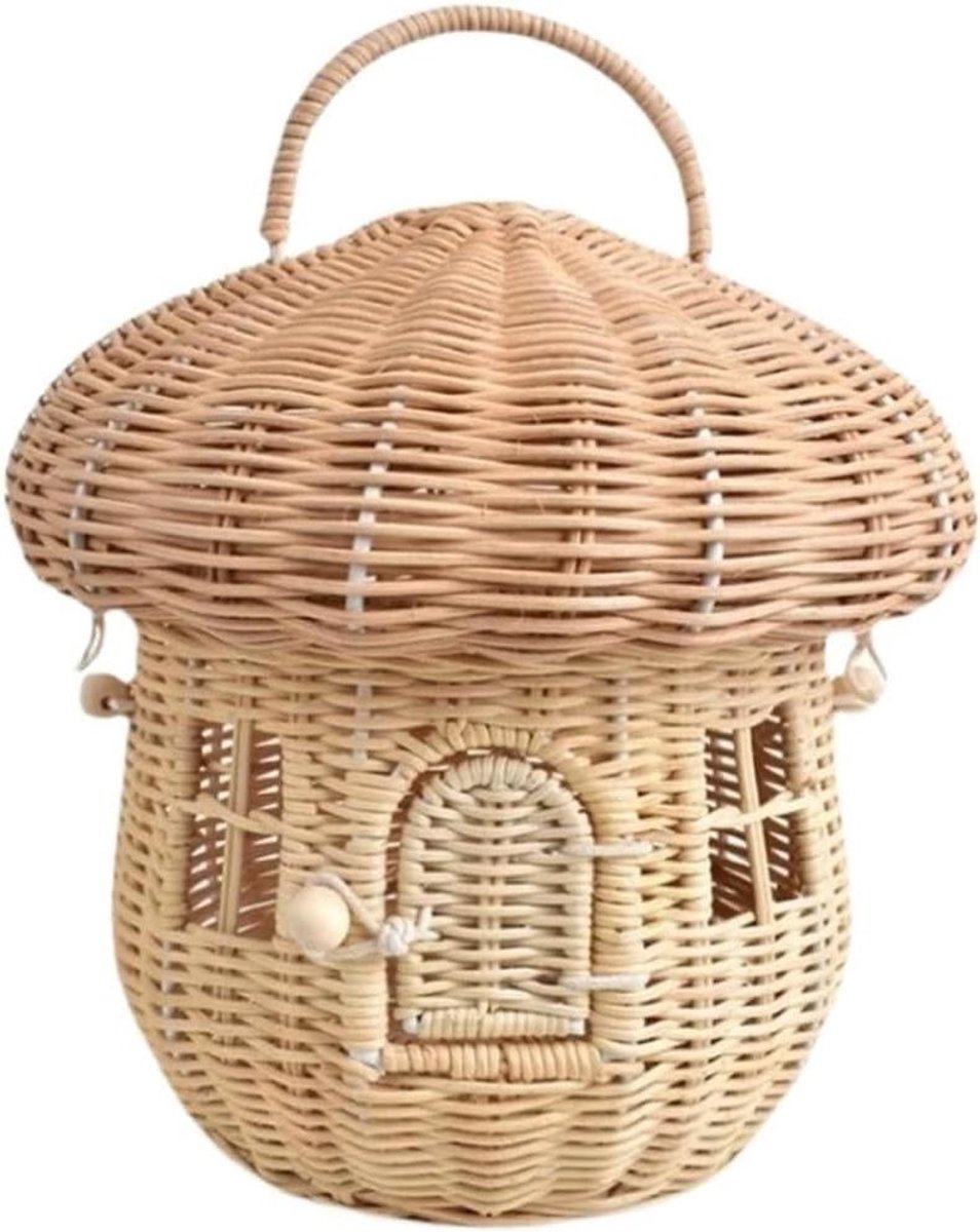 Ronde Stro Tas - Mand Tas - Zomertassen Dragen - Met Rieten Handvat - 25x25cm - Mushroom