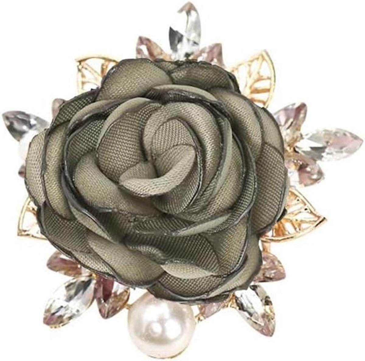 Stoffen Bloemenbroche - Rozenbroche - Feestelijke Accessoire - Strass en Parel - 5 x 5.5 cm - Rose