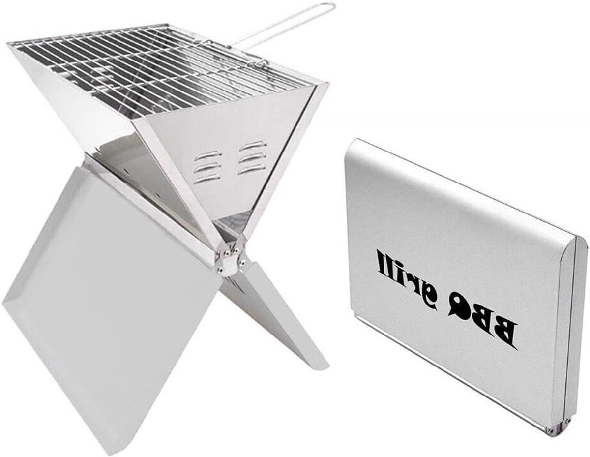 Koolgrill BBQ - Klapgrill Tafelgrill - Outdoor koken - Roestvrij staal - 36 x 24 cm - Zilver