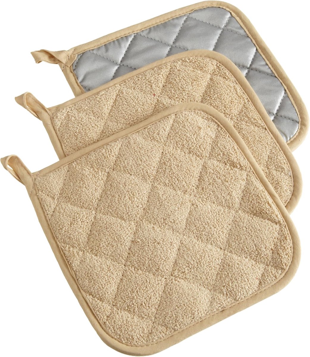 3-delige hittebestendige handdoekmat, zilverkleurige stof, hittebestendig en bestand tegen verbranding voor keukens, bak- en kookmatten, hittebestendige placemats - beige