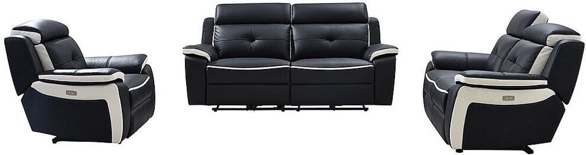 Vente-unique Elektrische drie- en tweezits relaxbank en -fauteuil van leer ANGELIQUE - Zwart/wit