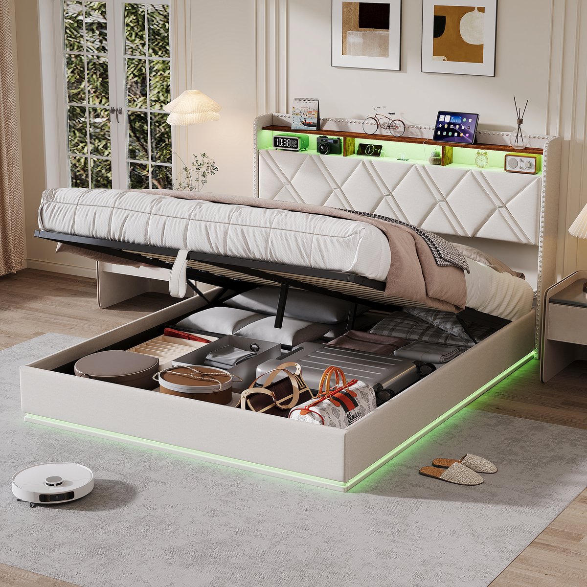 Solvenrik Opbergbed 140x200 Beige Linnen – met LED, USB-C & Opbergruimte