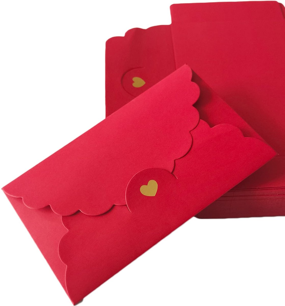 Allecto - Mini-Enveloppen - Gekleurde Enveloppen - Hartvormige Sluiting - Rood - Verjaardagsfeestjes - Cadeaubonnen - Geschikt voor Bruiloften