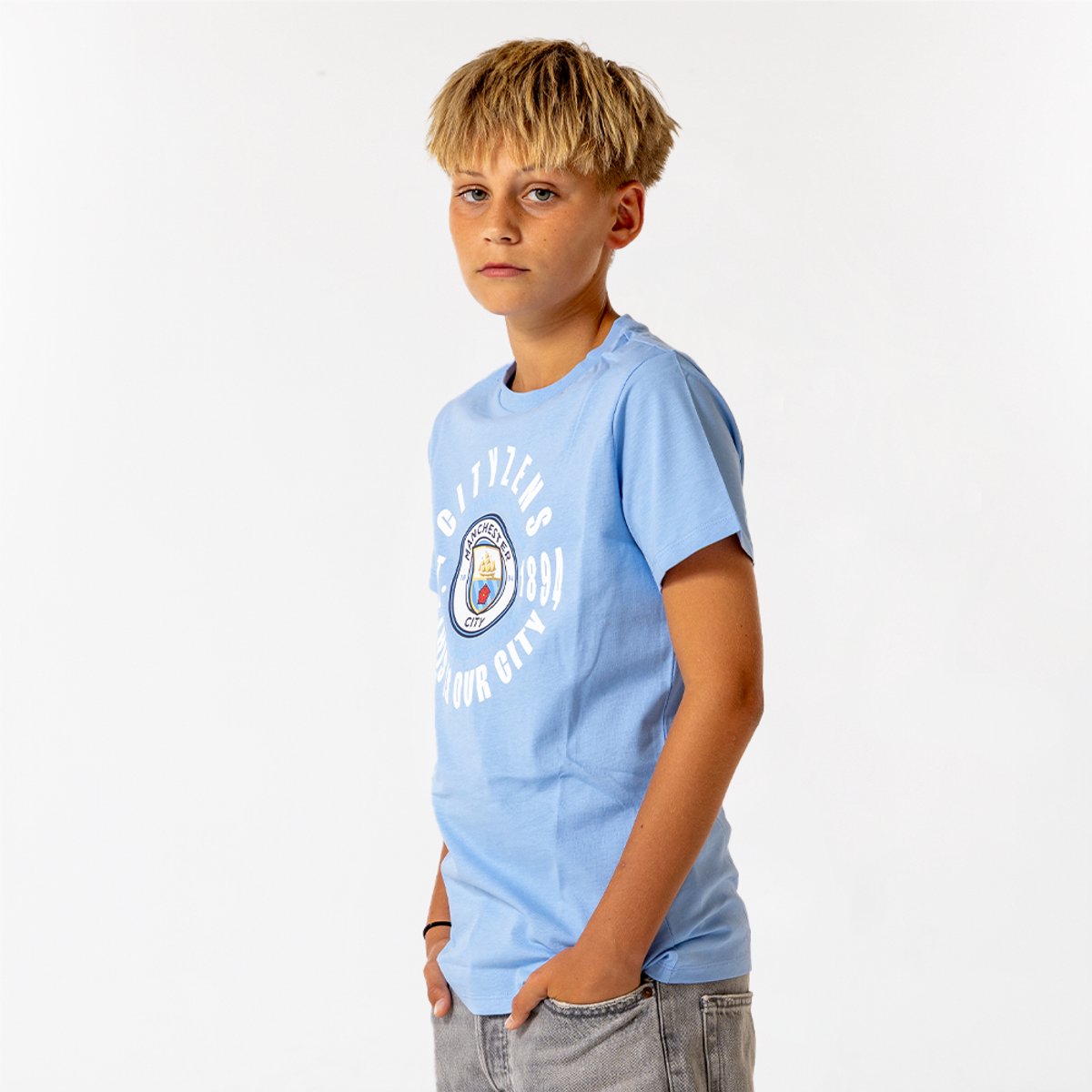 Manchester City Big Logo T-Shirt Kinderen - Maat 128 - Jongens & Meisjes - Fankleding - Voetbal - Man City - Stadion - Officiële Merchandise