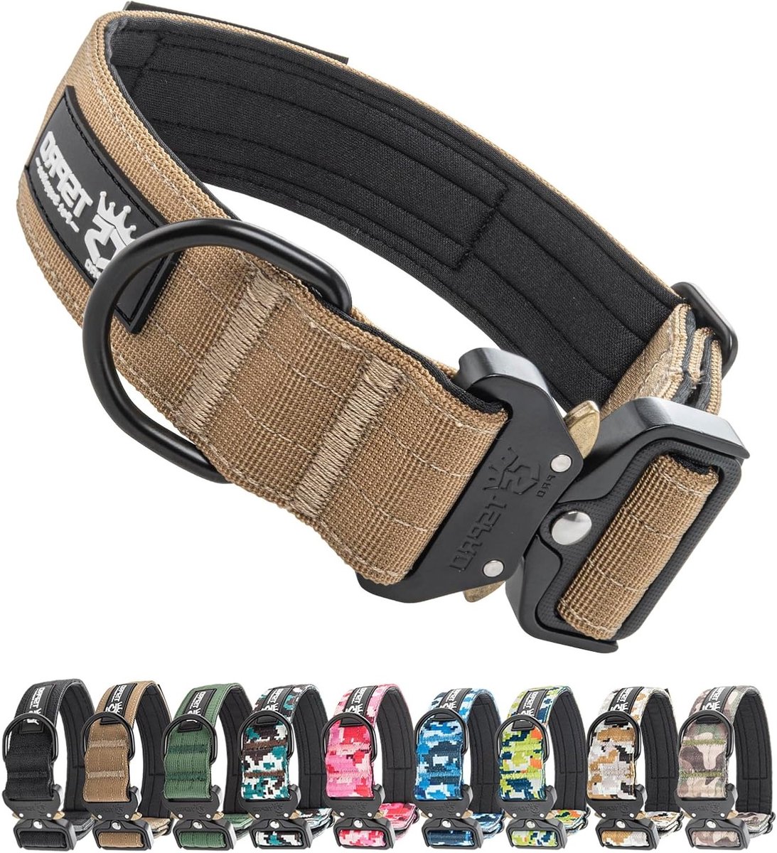 Verstelbare Hondenhalsband met Patches, Dikke Kraag met Snelsluiting, Stevig voor Middelgrote en Grote Honden (Khaki M)