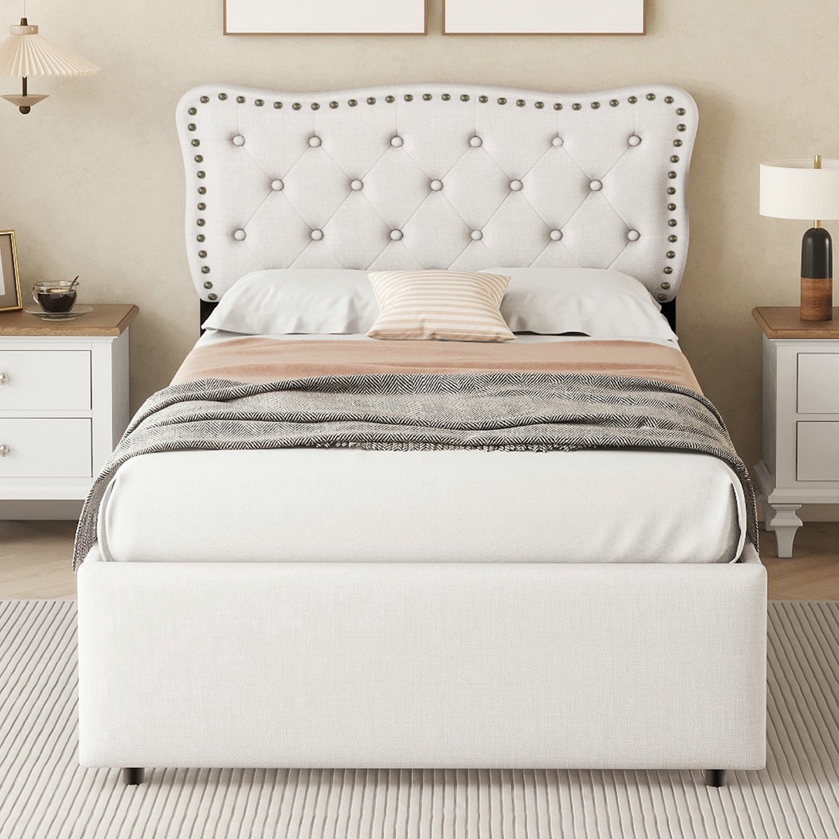 VVBV Gestoffeerd Opbergbed 90x200 cm met Lades, Bureau - Beige Lichtbeige