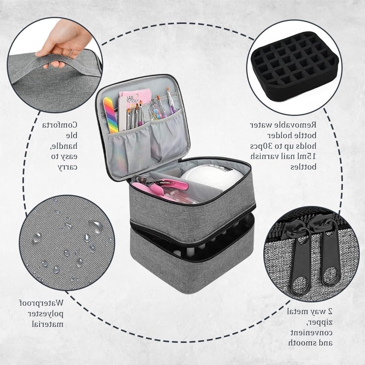Nagellak Organizer - Cosmetica Tas - Make-up Opbergen - Dubbellaags Ontwerp - 25x21x18 cm - Grijs