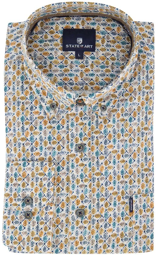 Gevouwen overhemd met 'State of Art' label, wit met een print van bruine, groene en blauwe bladeren in ruiten.