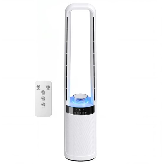 Torenventilator bladloos stil 36 dB met afstandsbediening, 3 snelheden, timer, LED-verlichting, 45° oscillatie, wit