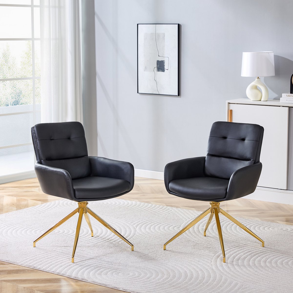 [Set van 2] Europese draaistoel in een lichtgewicht luxe design: Zwarte PU-coating + goudkleurige metalen poten, 360° draaibaar, set van 2 voor eetkamers / ontspanningsruimtes.