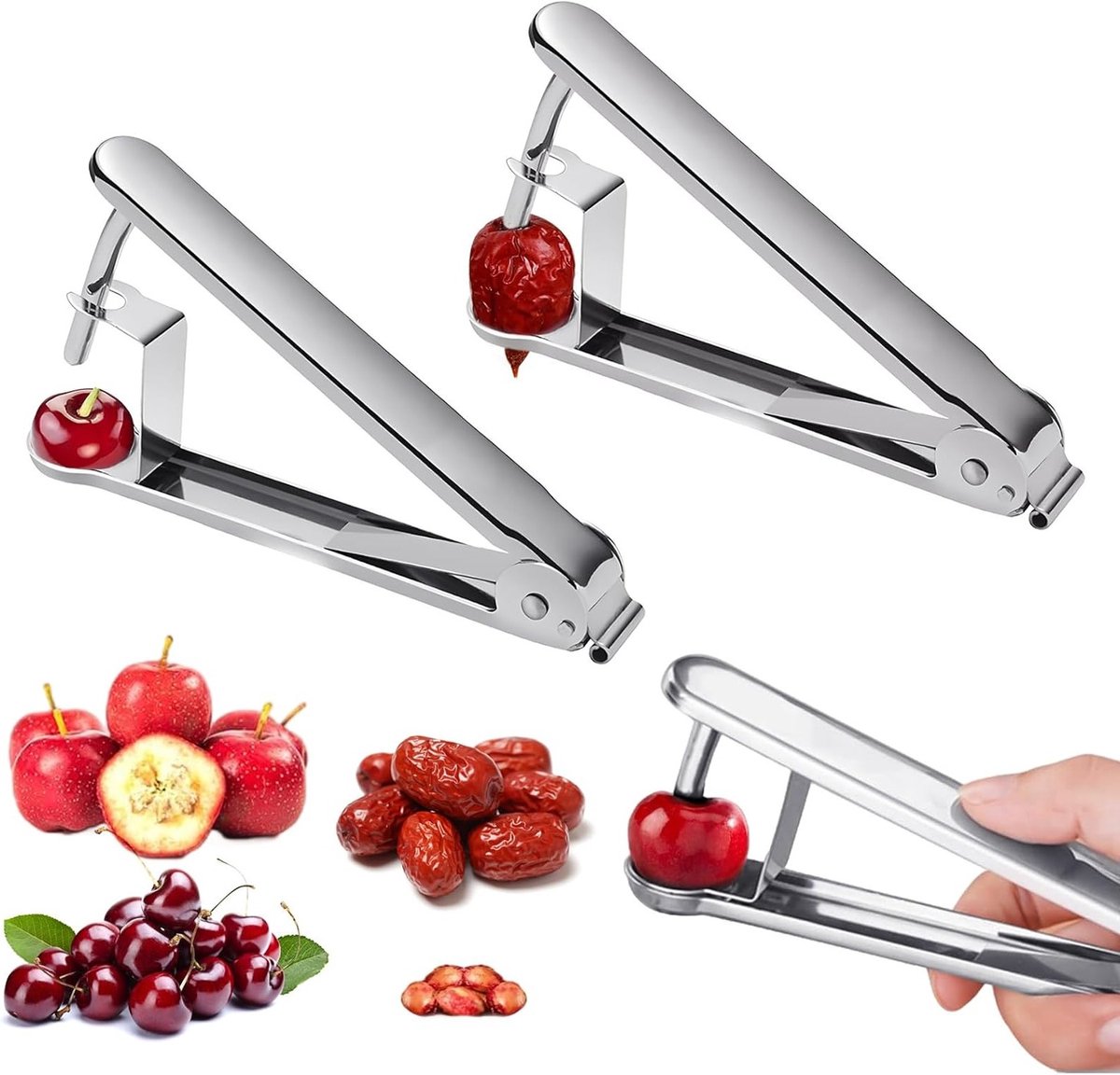 Set van 2 kersenpitters van roestvrij staal 304, handige tools voor het eenvoudig verwijderen van kersenpitten, perfect voor taarten en zoete snacks met verse kersen