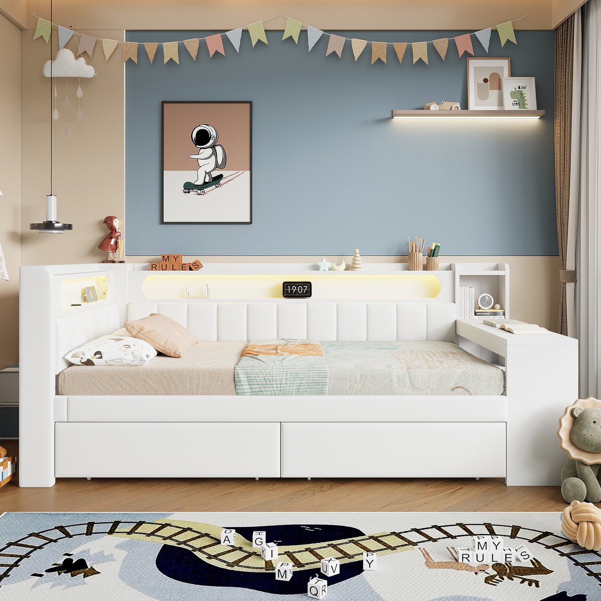 Zubaliya Gestoffeerd 90x200 cm met Bureau, USB en LED Verlichting - Bed met 2 Schuiflades - Wit