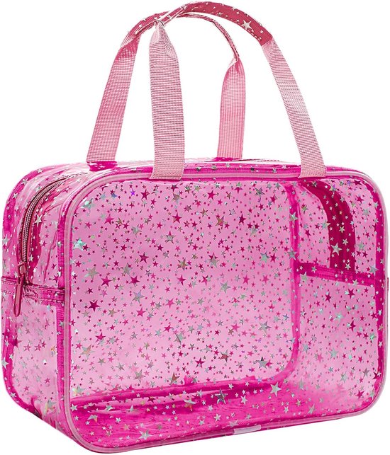 OLOEY Transparante make-up tas roze make-up tas set grote reis toilettas - schattige transparante make-up tas opvang tas - geschikt voor vriendin leraar cadeau tiener meisje cadeau mode items - rode sterren