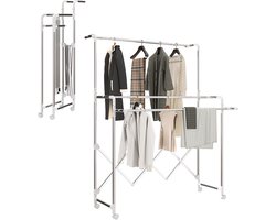 Droogrek opvouwbaar binnen met 3 verstelbare stangen en 4 wieltjes 104-150 x 103 x 145-197 cm zilver