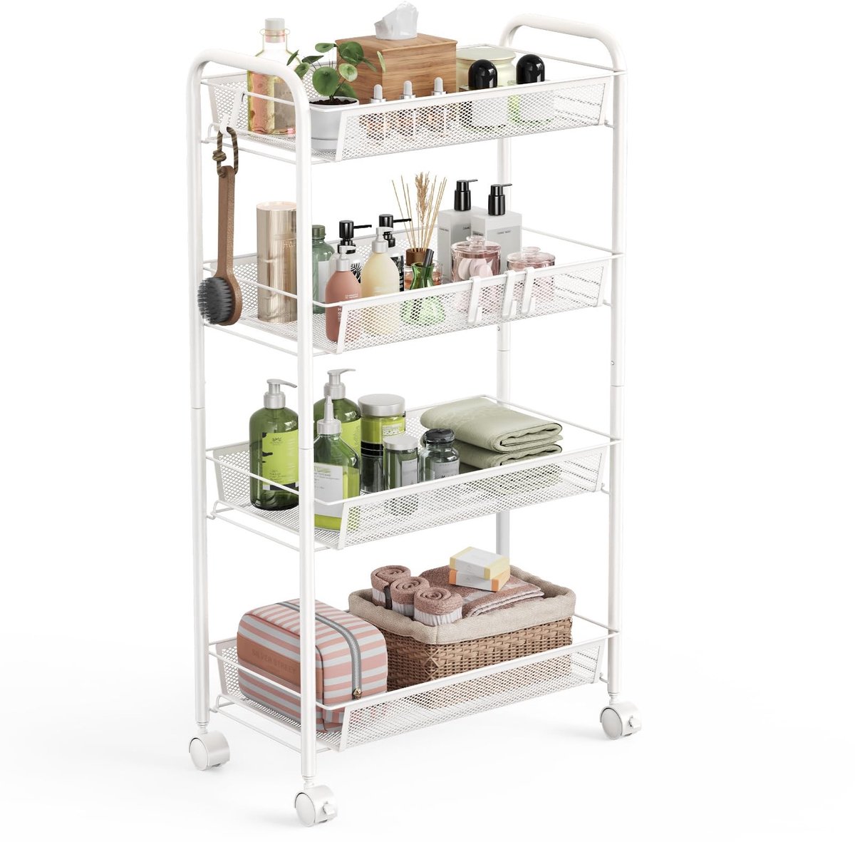 Allecto - Opbergwagen - Mobiele Opslag Trolley - Multi-functioneel - Wit - 4 Laags - Ideaal voor Slaapkamer Keuken Badkamer Woonkamer