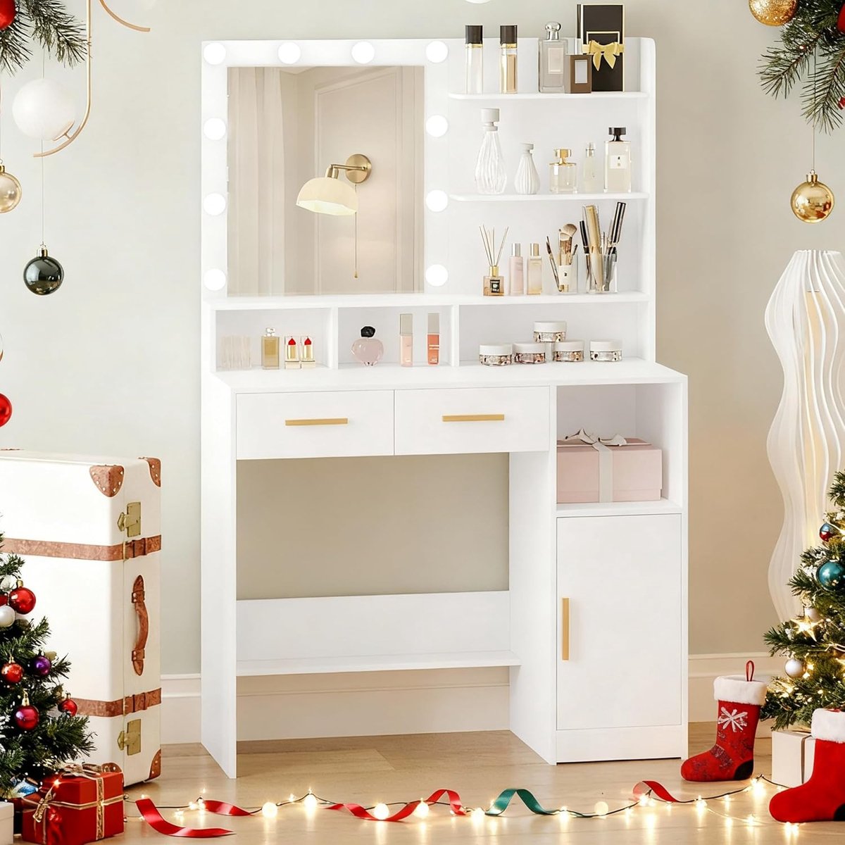 Aurora Luxe LED Kaptafel met Spiegel en 10 LED Lampen, Make-uptafel met Opbergkast, 2 Lades, 3 Planken en 4 Open Vakken – 90 x 40 x 140 cm – Wit