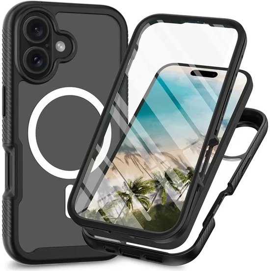 Hoesje met Ingebouwde Screenprotector Geschikt voor Apple iPhone 16 | Compatibel met MagSafe | Full Protect Valbescherming | Schokbestendige Beschermhoes | Doorzichtig / Zwart