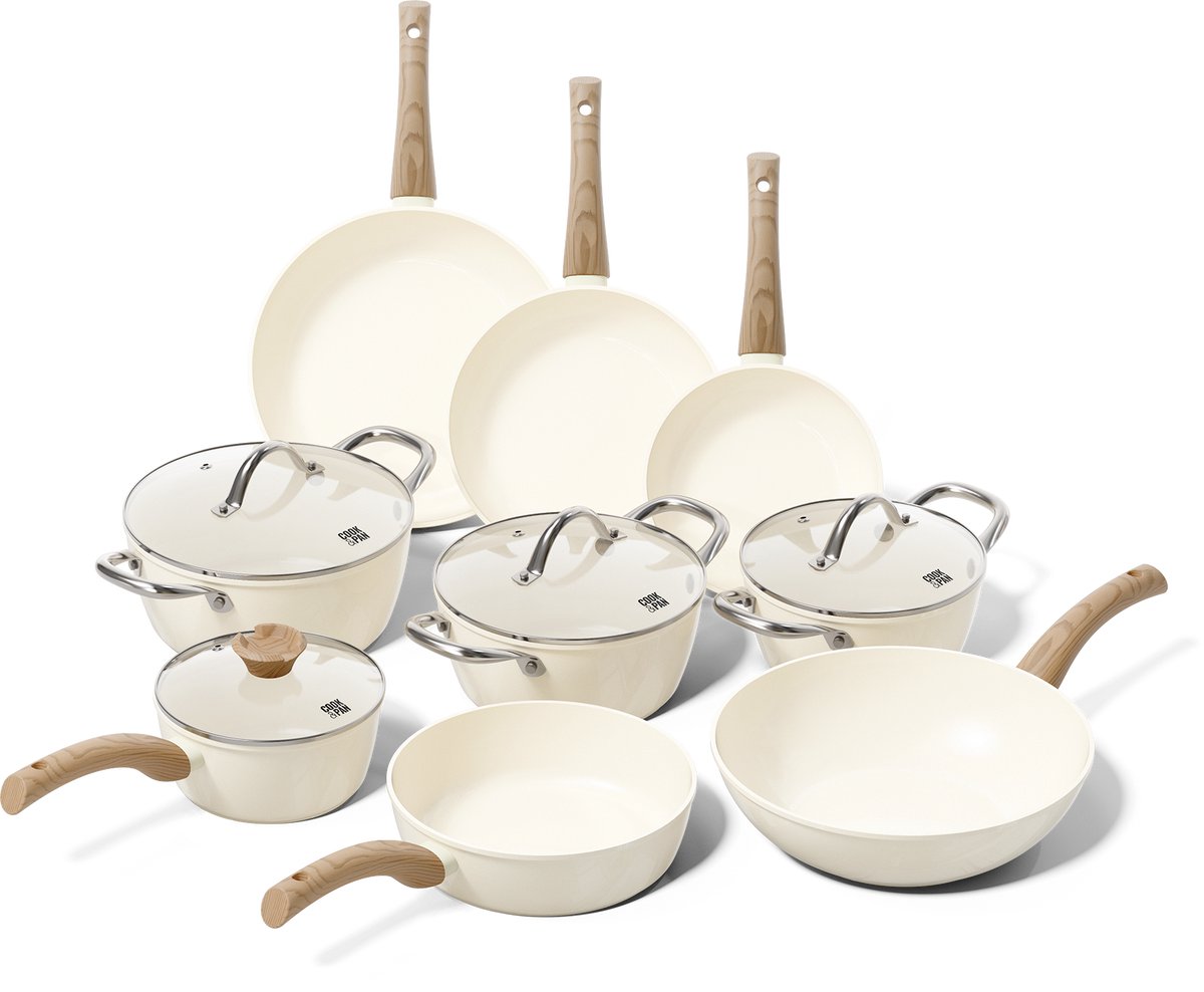 Cook & Pan - Pannenset 9-delig - PFAS vrij - Inductie Keramisch - Non stick - 7 jaar garantie - Crème