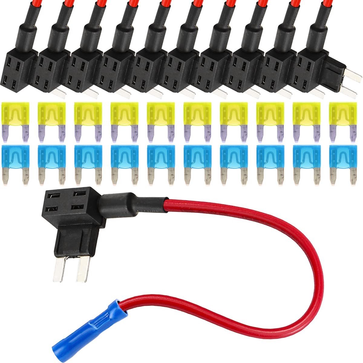Allecto - 12V Auto Add-a-circuit Fuse TAP Adapter - 10 Mini ATM APM Bladzekeringen met 15A 20A - Betrouwbaar en veilig - Geschikt voor auto en moto...