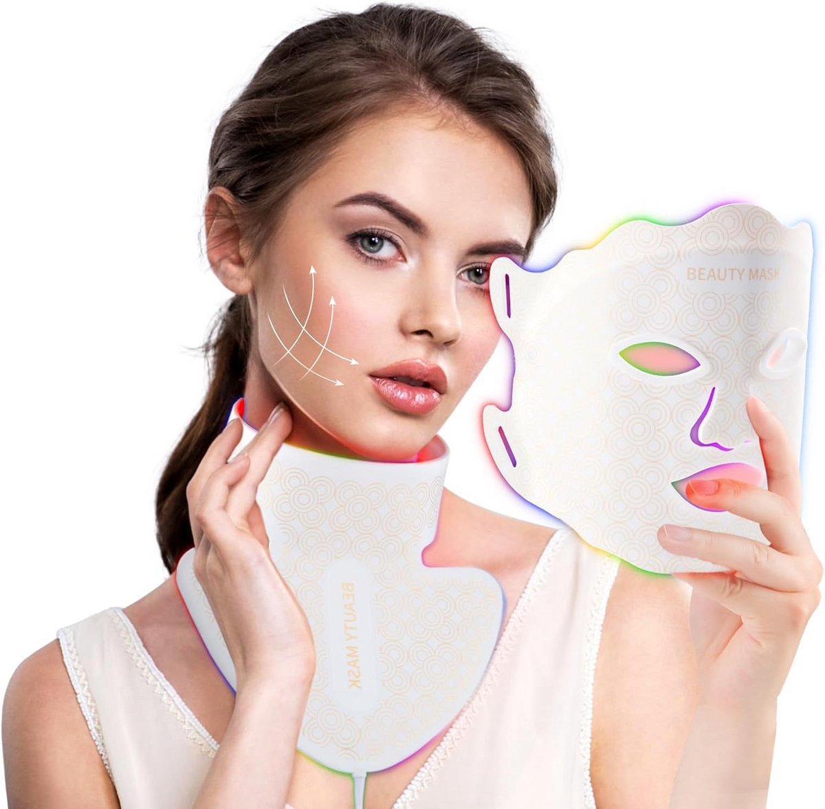 Gezichtsmasker met LED - Huidverzorging Apparaat - Huidverbetering Thuis - 7 Kleuren Lichttherapie - Gezicht en Nek - Wit