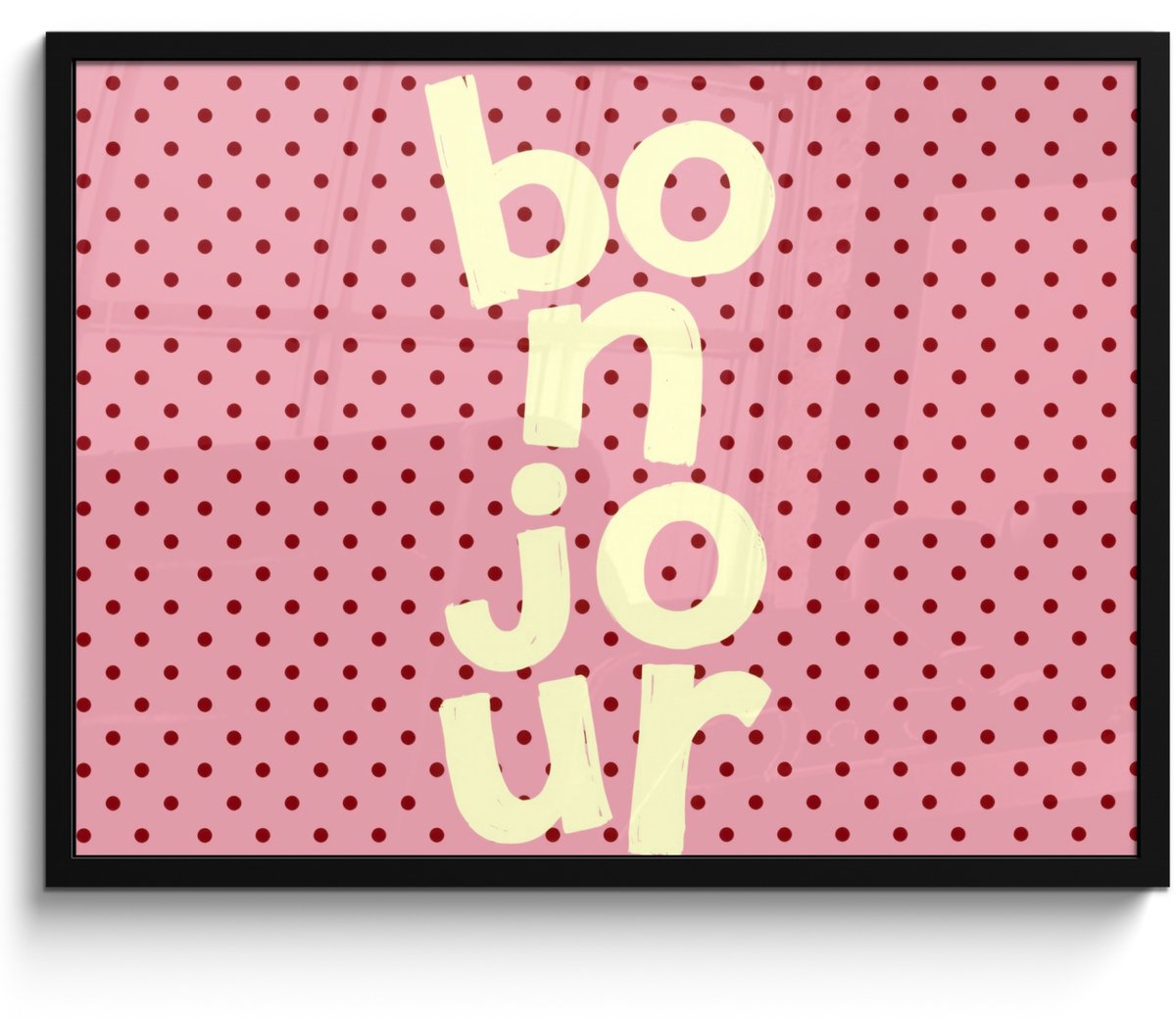 FrameYourWall Poster in lijst - Fotolijst 80x60 cm - Posters - Bonjour - Stippen - Roze- Geel - Posterlijst zwart - Decoratie - Wanddecoratie woonkamer - Muurdecoratie slaapkamer