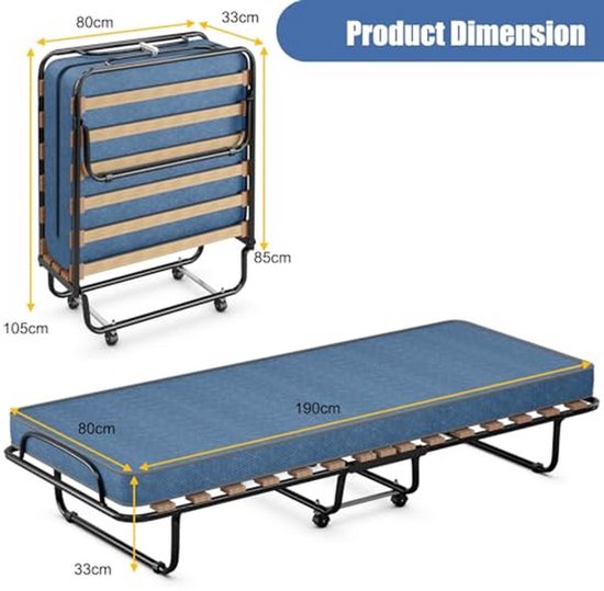 Opklapbed - Logeerbed - Extra Slaapplaats - Traagschuim Matras - 190 x 80 cm - Blauw — afbeelding 4