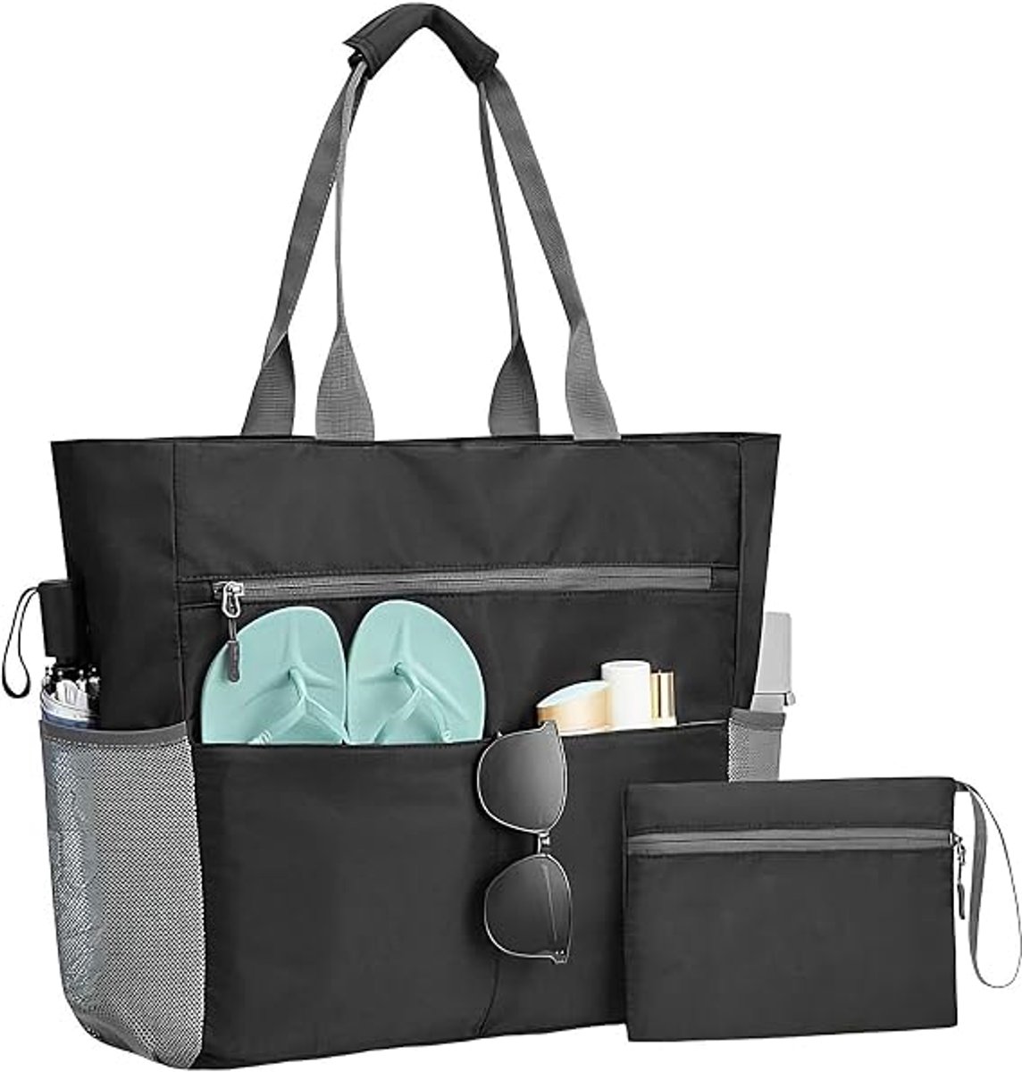 COOAU - Gestreepte Grote Strandtas met Extra Etui - Lichtgewicht Zwembadtas - Meerzakken Schoudertas voor Reizen Zwemmen Vakantie