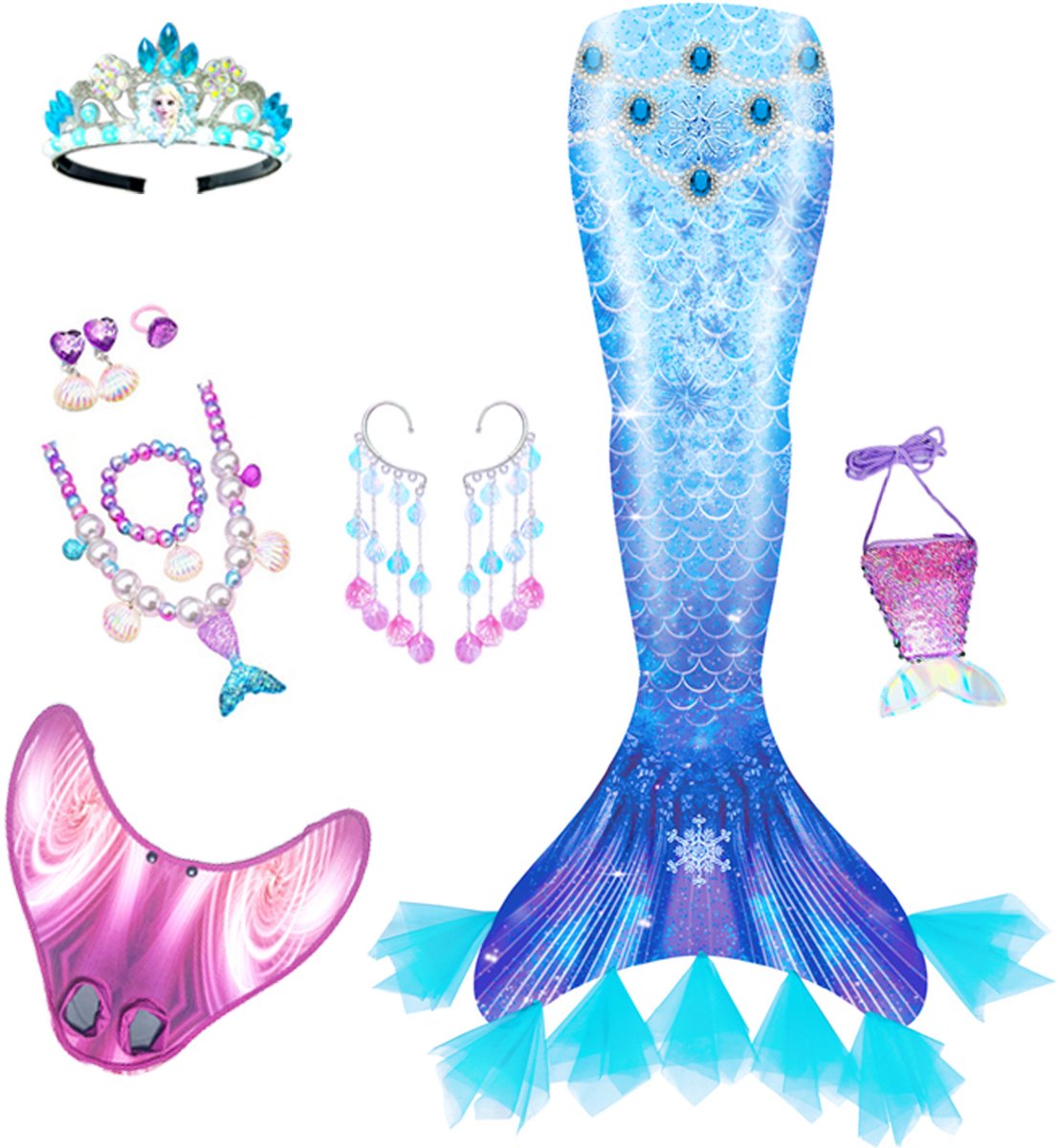 Zeemeerminstaart Zwemset Meisjes - Zeemeermin Bikini Set - Zeemeerminstaart Met Zeemeerminvin - Elsa Verkleedset Met Sieraden - Maat 130