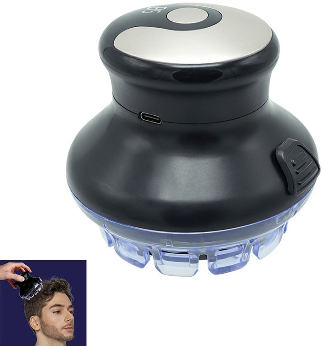 Automatische haartrimmer, geschikt voor kort haar, 3 instelbare lengtestanden, kan het haar onafhankelijk van elkaar knippen, ook geschikt voor kale hoofden.