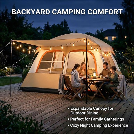 Velmio Familie Glampingtent - Khaki - Tunnel tent - 4-6 Personen - UV bescherming - Zonbescherming - Oxford Materiaal - 2 Slaapkamers + Woonruimte - Muggengaas - Waterafstotend - voor Kamperen en Glamping - Camping - Festival - Beige — afbeelding 5