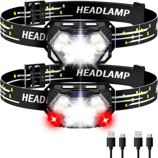 Hoofdlamp 2000 lumen - LED Hoofdlamp Werkt op Batterijen met 6 Lichtstanden, AAA-batterijen Inbegrepen, IP×5 Waterdicht voor Kinderen en Volwassenen Kamperen, Joggen, Vissen - 2 stuks