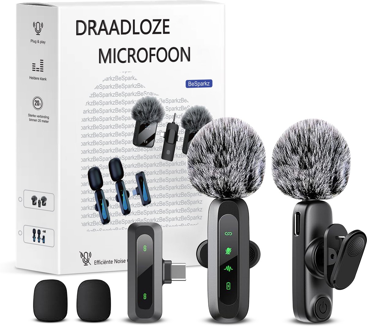 BeSparkz 2 in 1 Luxe Draadloze Microfoon - 2 Stuks - Lavalier - Windshields - Dasspeld - Lange Batterij - USB-C/Lightning - 2 Stuks - Plug & Play