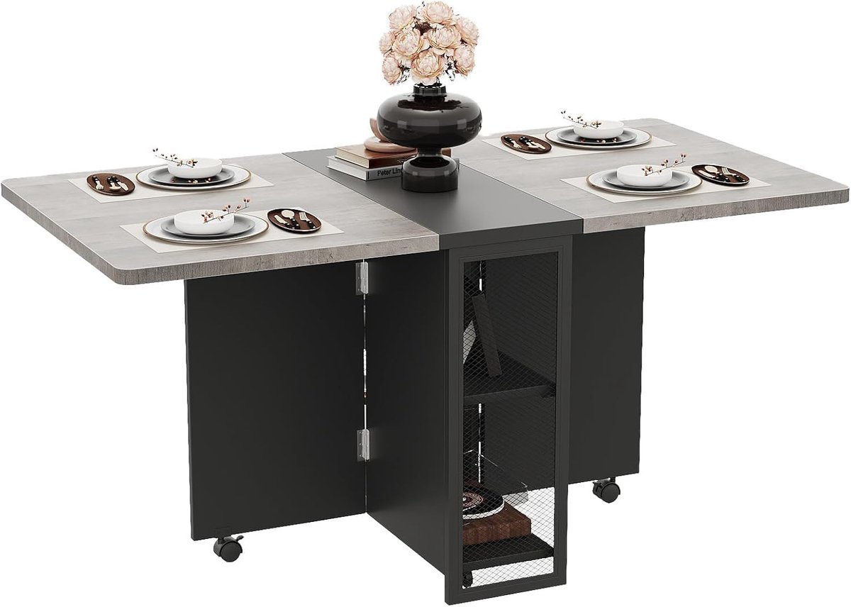 Opvouwbare Eettafel met Wielen – Ruimtebesparende Uitschuifbare Klaptafel – Mobiele Keukentafel met Opbergrek – Drop-Leaf Bureau voor 4 tot 6 Personen – Modern Grijs – 127 x 80 x 75 cm
