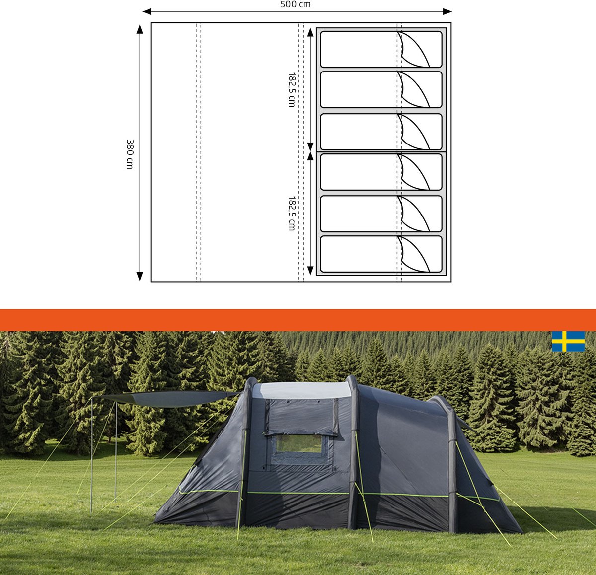 Campout 6-Persoons Familietent Opblaasbare Tunneltent – 5000 mm Waterdicht – 2 Slaapcabines – 19 m² – 15 min Opzettijd – Incl. Pomp & Luifel – foto 3