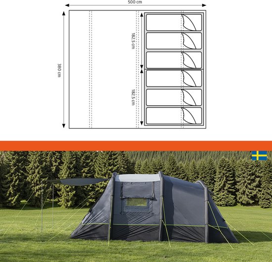 Campout 6-Persoons Familietent Opblaasbare Tunneltent - 5000 mm Waterdicht - 2 Slaapcabines - 19 m² - 15 min Opzettijd - Incl. Pomp & Luifel van Campout — afbeelding 4