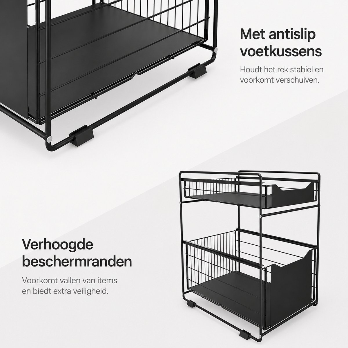 BOTC Gootsteenkast Organizer - Keukenkast Organizer - Aanrecht Organizer - Dubbel Uitschuifbaar - Aanrecht - Lade - Zwart — cadeau in Cadeau-ideeën - foto 4