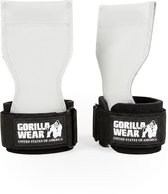 Twee witte leren grips met zwarte polsbanden, voorzien van Gorilla Wear logo.