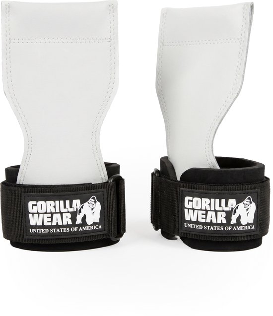 Twee witte leren grips met zwarte polsbanden, voorzien van Gorilla Wear logo.