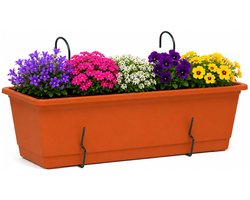 Geli Plantenbak Balcony - terracotta bruin/rood - met metalen ophangbeugels - 40 x 18 x 15 cm - hard kunststof - langwerpig
