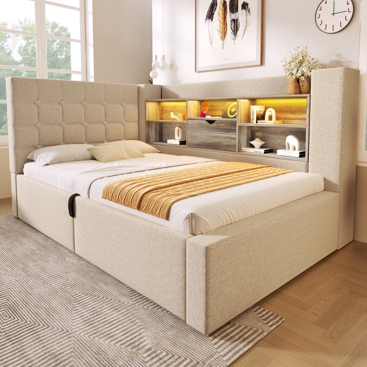 DESMIU Gestoffeerd Bed 90x190 cm – LED-Verlichting en Laadpunten – Hydraulische Opbergruimte en L-Vormig Hoofdbord – Linnen – Beige – Zonder Matras