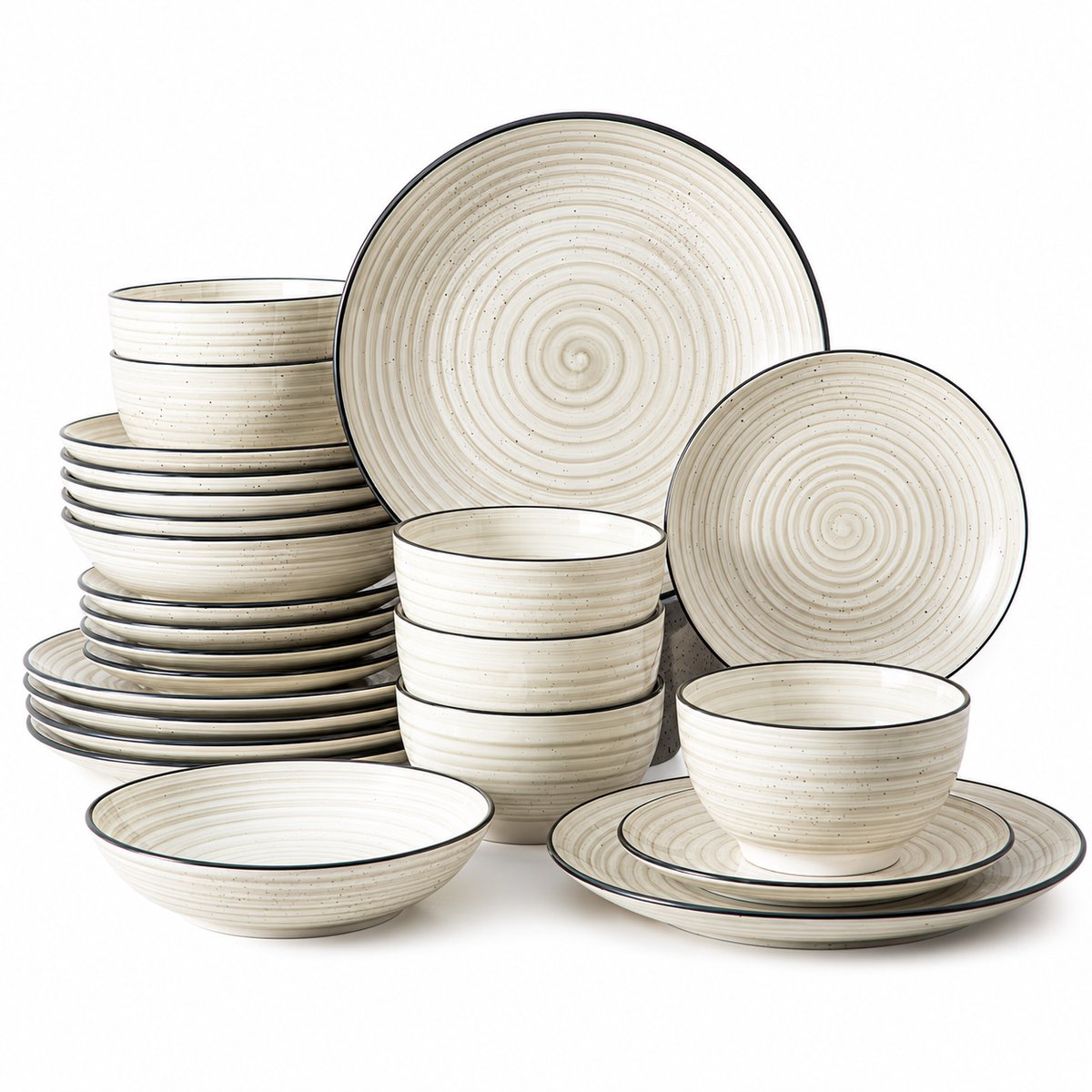 Home & Beyond® 24-Delig Serviesset voor 6 Personen - Handbeschilderd Spiraal Design - Keramisch Tafelservies - Borden en Kommen Set - Beige