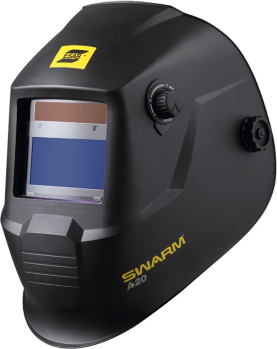 Zwarte lashelm "SWARM A20" met ESAB logo, automatisch donkerend vizier met instelbare schaal.