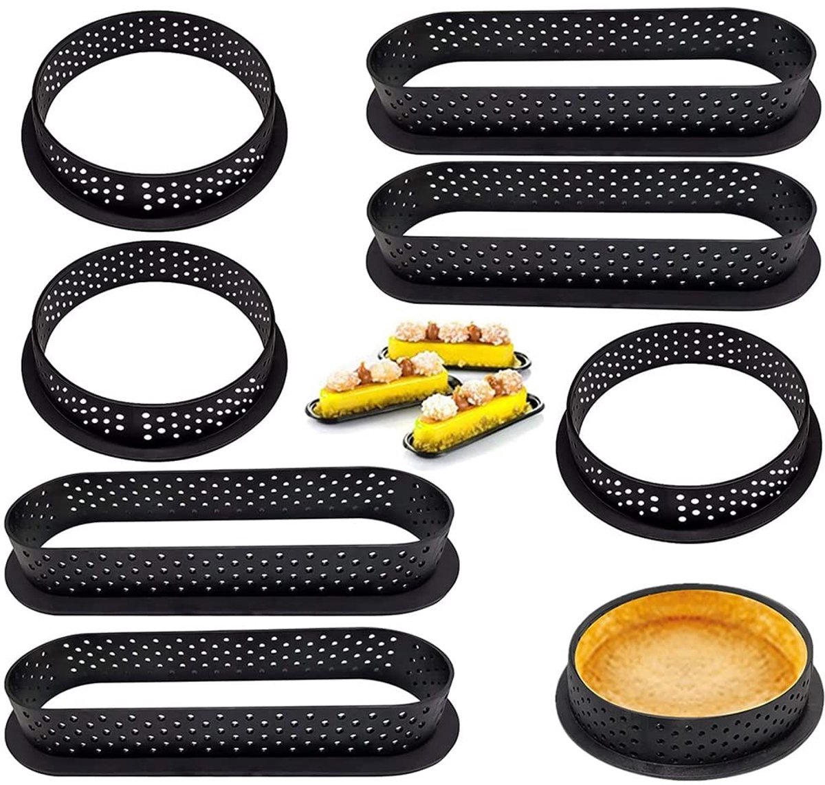 Allecto - Perforated Cake Moulds - Mousse Ring - Hoogwaardige silicone - Set van 8 - Taartvormen - Geschikt voor bakken - Ronde en ovale vormen