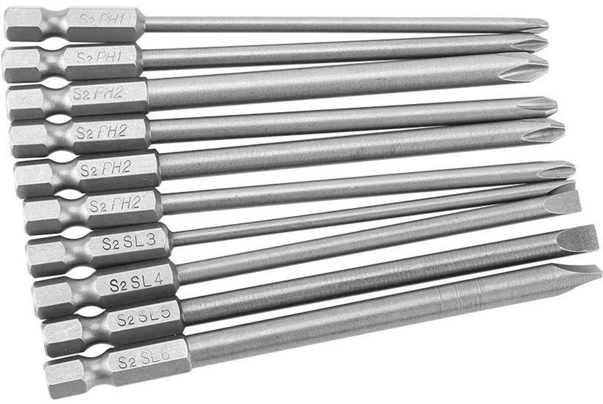 Allecto - Magnetische Schroevendraaier Bitset - 10 Stuks - 100mm - S2 Staal - PH1 PH2 Sleuf - Geschikt voor Handgereedschap - Model 616a0110-5c75-4...